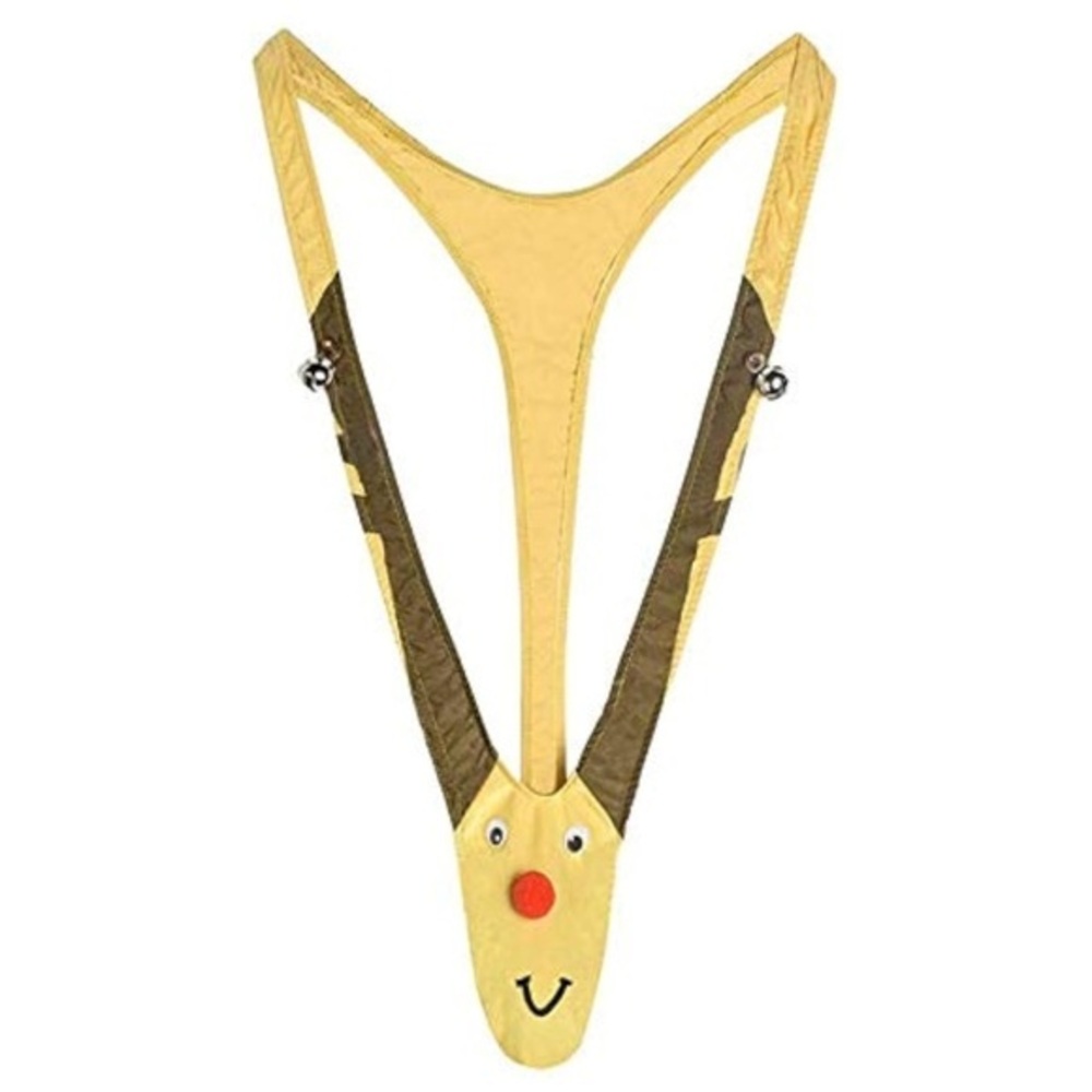 Christmas Gag Gift Reindeer Underwear Men Thong Suits with Bells one size